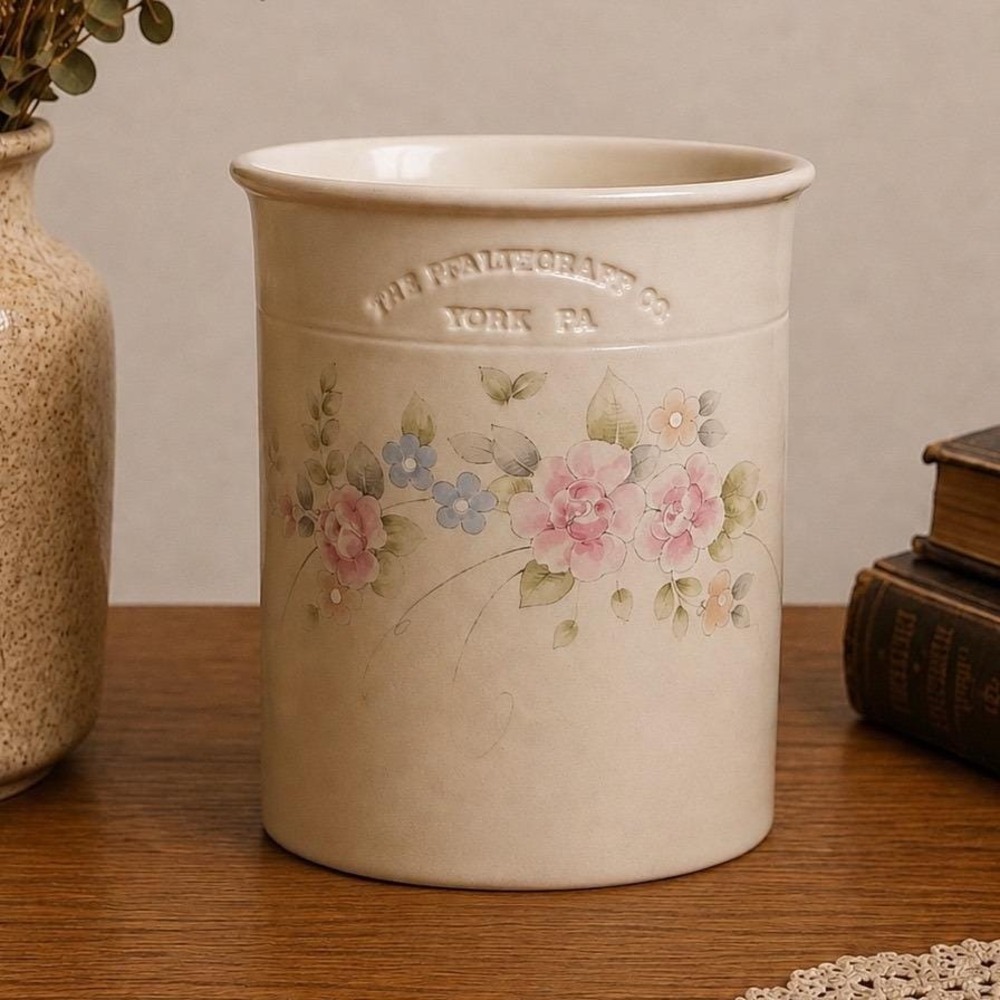 Pfaltzgraff Tea Rose Crock Utensil Holder Vintage Stoneware Floral Canister USA